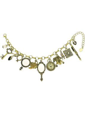 Women's Vintage Gold Cuff Mirror Clock Heart Teapot Wonderland Style Bracelet